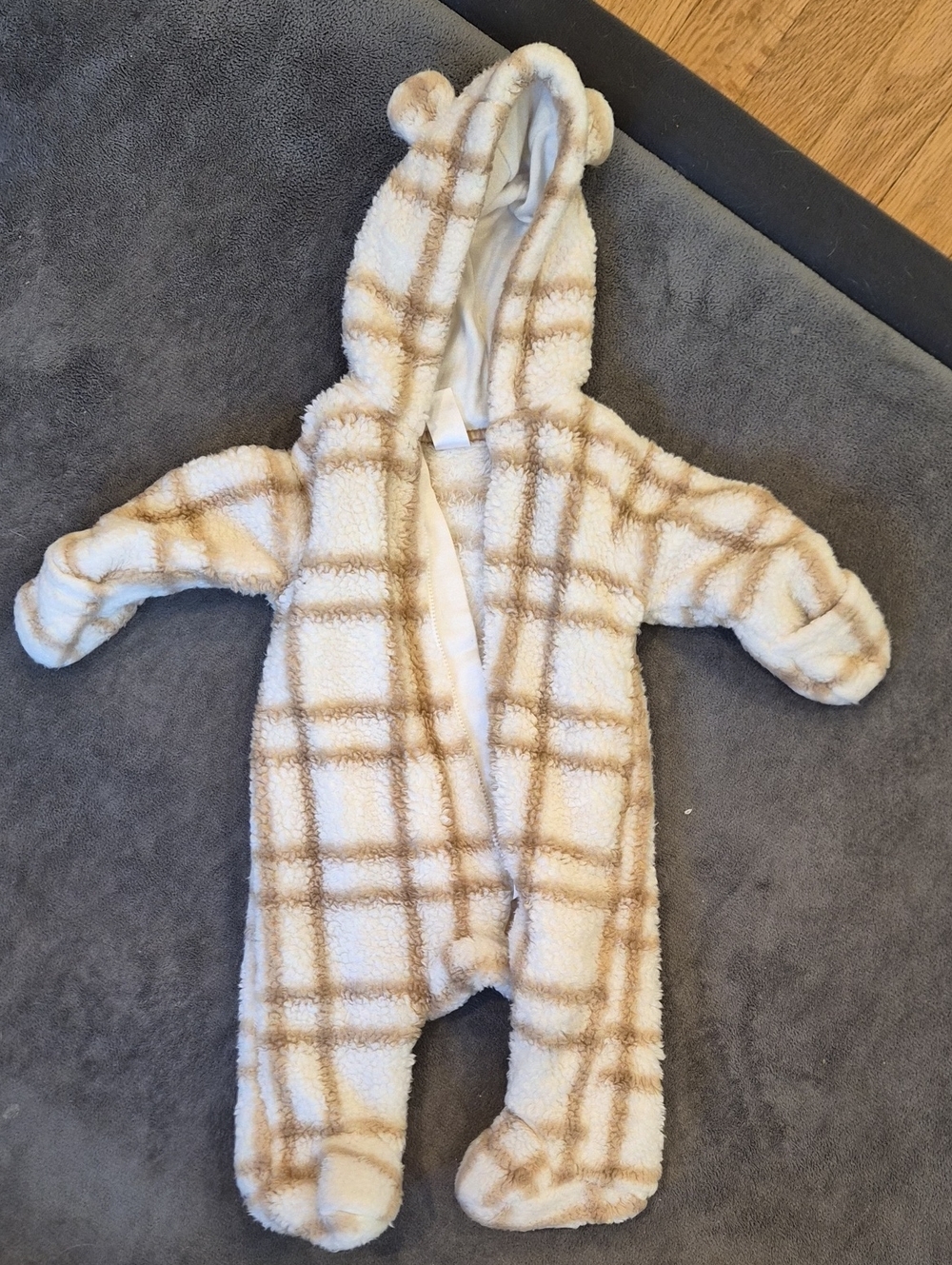 Cozy Cream & Tan Plaid Sherpa Baby One-Piece with Hood
